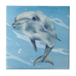 Happy Dolphin Watercolor Beach Ocean  Ceramic Tile