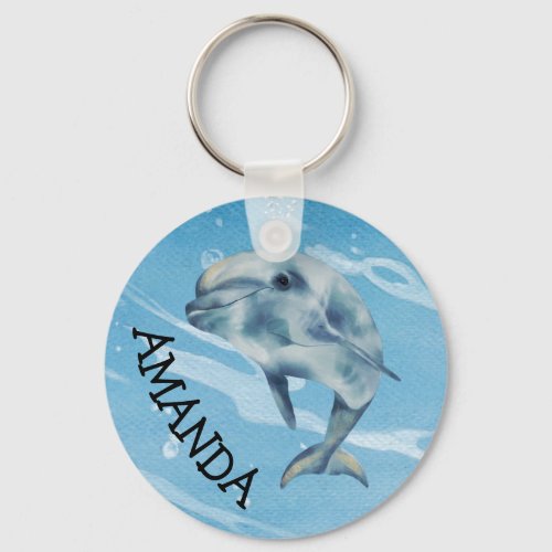 Happy Dolphin Watercolor Beach Ocean   Keychain