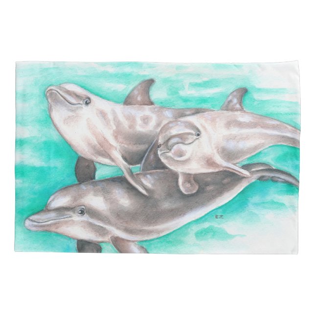 Happy Dolphins Teal Pillow Case (Back)