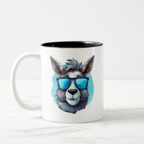 Happy Donkey with Sunglasses on a blue Background Two_Tone Coffee Mug