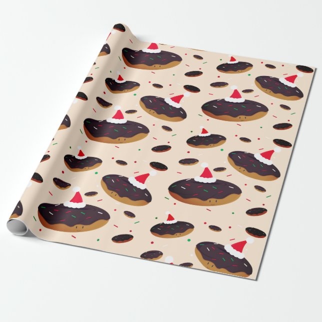 Happy Donut Santa Hats Pattern Chocolate Frosting Wrapping Paper (Unrolled)