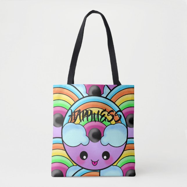 Happy Donut with Cute Unique Rainbow Tote Bag (Front)