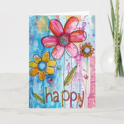 *~**~ HAPPY Doodle Colorful Whimsical Flower Thank You Card