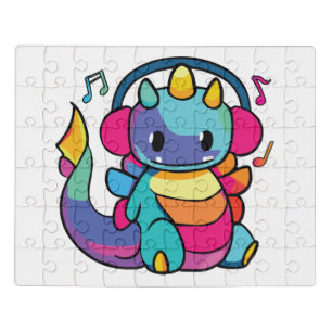 Happy dragon with headphones listening to music. jigsaw puzzle