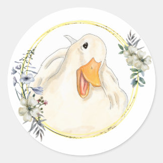 Happy Duck, Cute Animal, Handmade, Floral Frame Classic Round Sticker