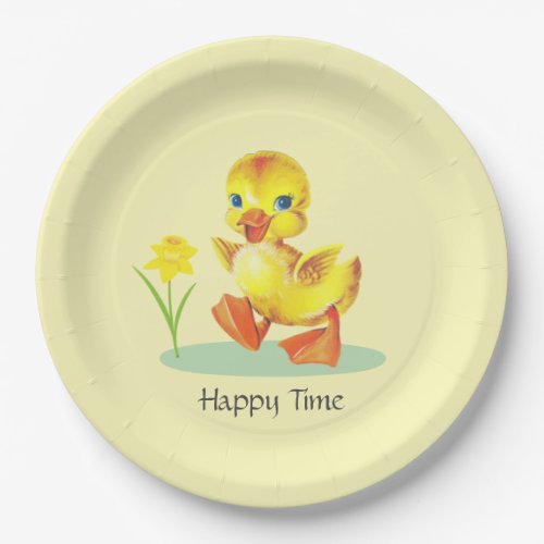 Happy Duckling on Light Yellow Party Paper Plate