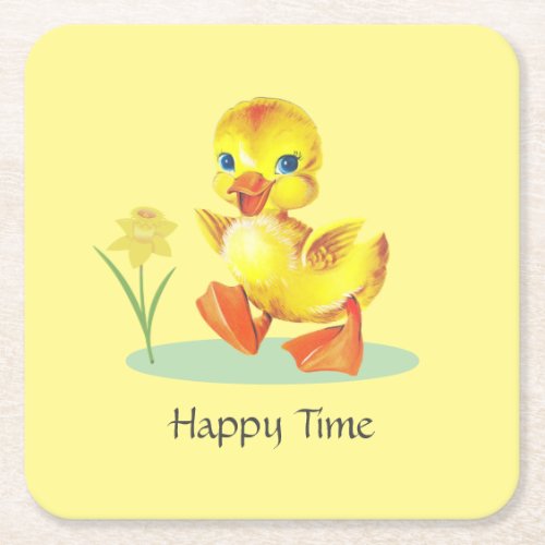 Happy Duckling on Yellow Birthday Party Square Paper Coaster