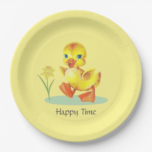 Happy Duckling on Yellow Party Paper Plate