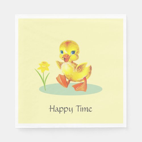 Happy Duckling with Flower on Light Yellow Napkins
