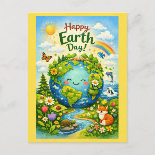 Happy Earth Day – Cute Earth & Woodland Animals Postcard