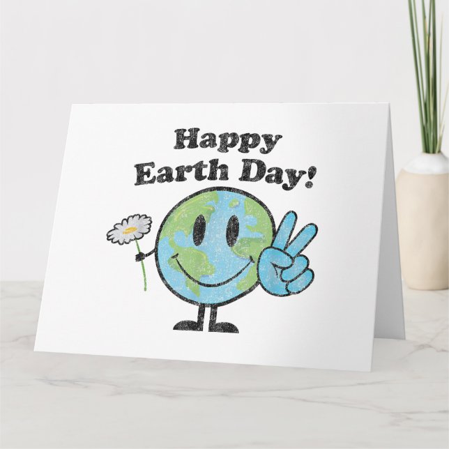 Happy Earth Day Cute Peace Sign Flower Distressed Card (Front)