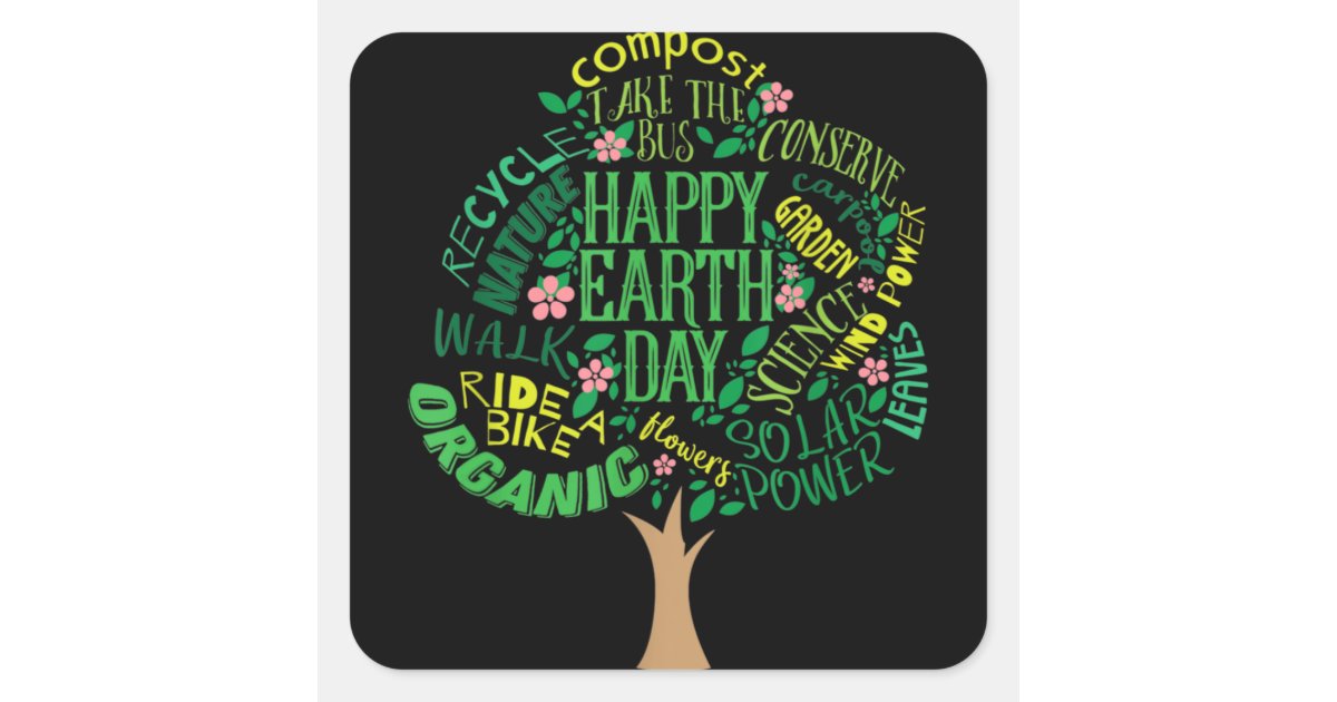 Happy Earth Day Cute Tree Drawing Illustration Square Sticker | Zazzle