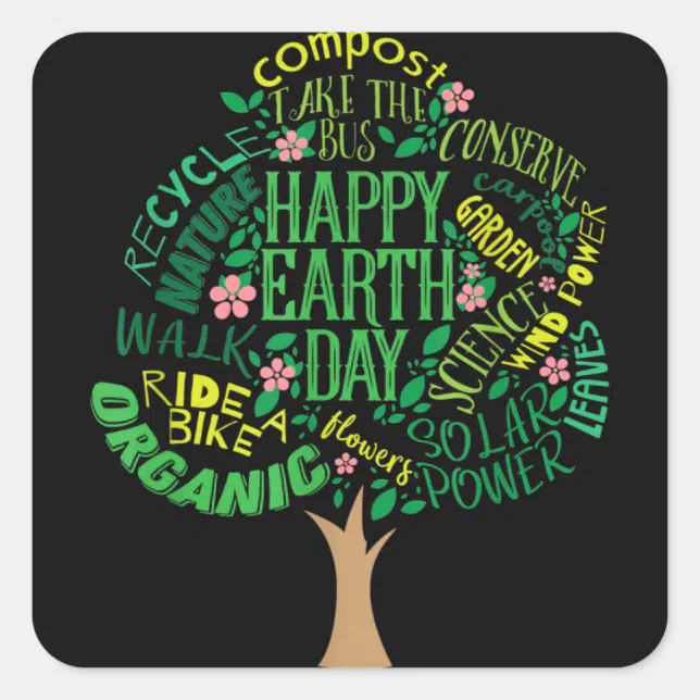 Happy Earth Day Cute Tree Drawing Illustration Square Sticker | Zazzle