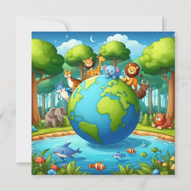 Happy Earth Day - Globe Green Tree Water Continent Holiday Card (Front)