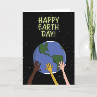 Happy Earth Day Hands Holding Planet in Space Holiday Card