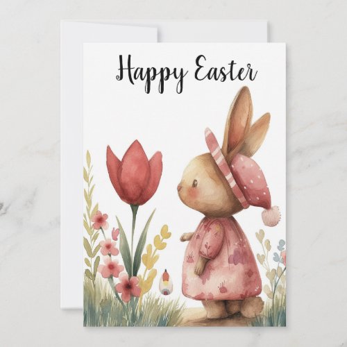 Happy Easter 2024 Card Bunny and Flower Holiday Card