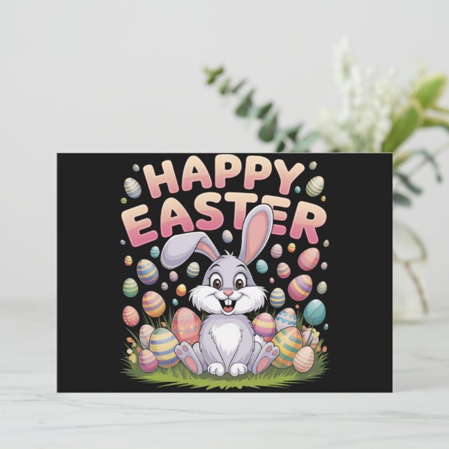 Happy Easter 2025  Eggs Bunny Cute Rabbit Invitation (Standing Front)