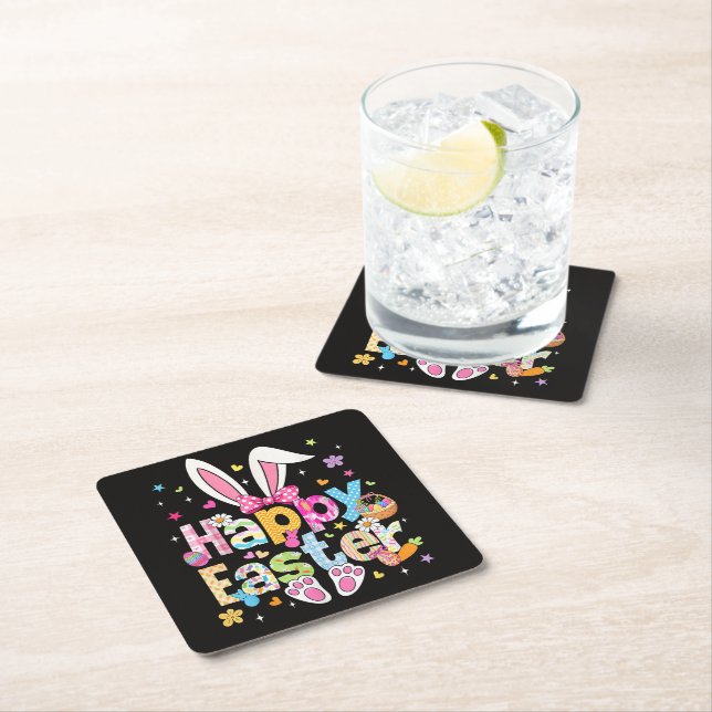 Happy Easter 2026 Cute Bunny Rabbit Square Paper Coaster (Insitu)