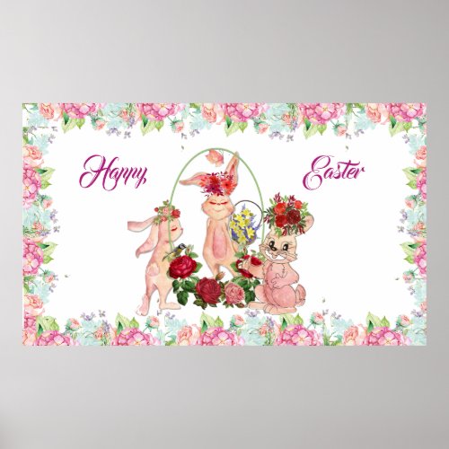 Happy Easter 3 Bunny Watercolor Pink Blue Floral  Poster