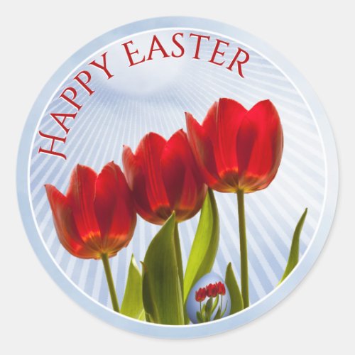 Happy Easter 3 Red Tulips Floral Photography  Egg Classic Round Sticker