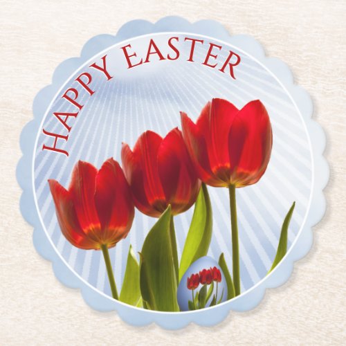 Happy Easter 3 Red Tulips Floral Photography  Egg Paper Coaster