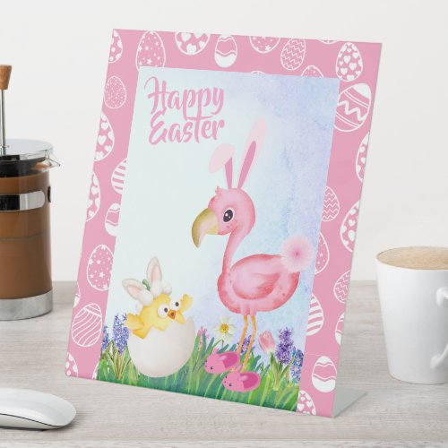 Happy Easter Adorable Baby Chicks Spring Flowers Pedestal Sign