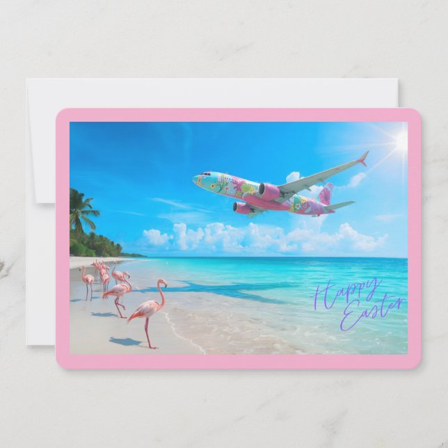 Happy Easter Airplane Over Beach with Flamingos Holiday Card (Front)
