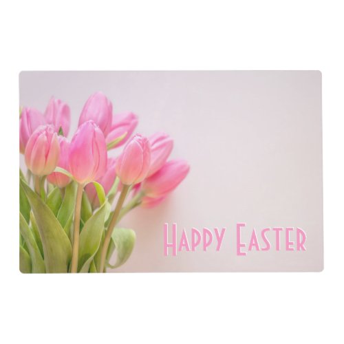 Happy Easter and Pink Tulips Laminated Placemat