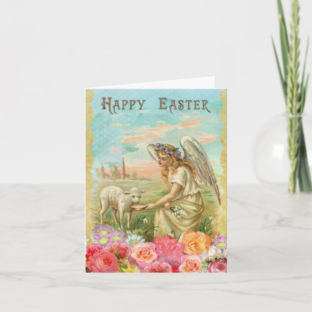 Happy Easter. Angel with Lamb. Flowers Holiday Card (Front)