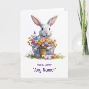 Happy Easter Any Name with Cute Bunny and Flowers Card