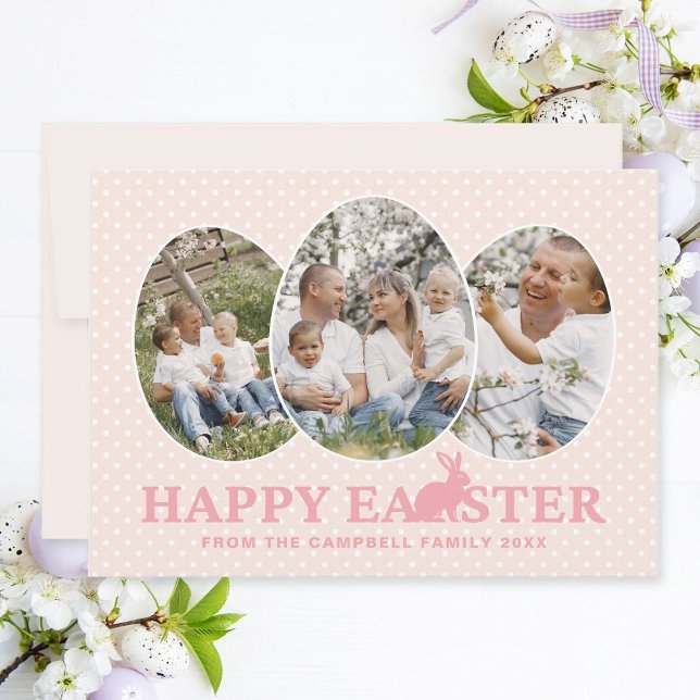 Happy Easter Apricot Pink Bunny Family Photo Eggs Holiday Card (Easter family photo collage card with egg-shaped photo frames, apricot pink text and rabbit.)