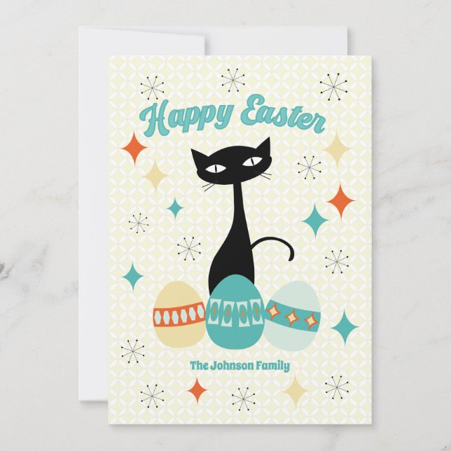 Happy Easter, Atomic Era, Mid Century Modern Cat Holiday Card (Front)