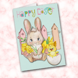 Happy Easter Baby Bunny and Chick with Daffodils Cards