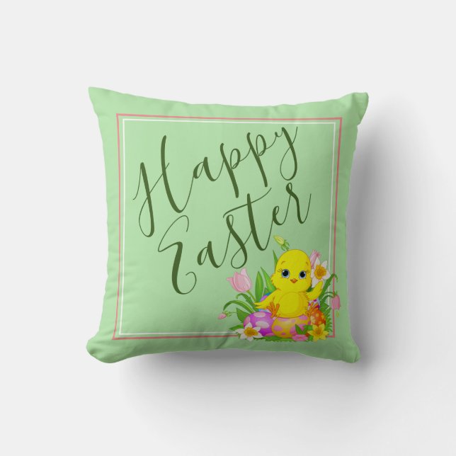 Happy Easter Baby Chick and Flowers Throw Pillow (Front)