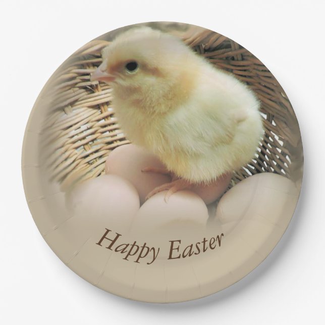 Happy Easter Baby Chick in a Basket Paper Plates (Front)