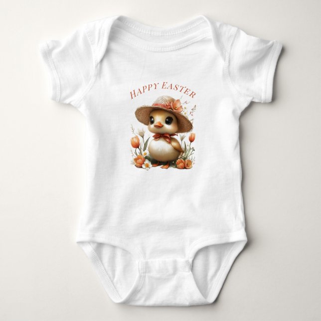 Happy Easter Baby Duckling Straw Hat Tulips Bodysuit (Front)