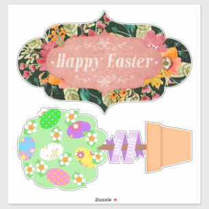 Happy Easter Banner and Topiary Cute Sticker