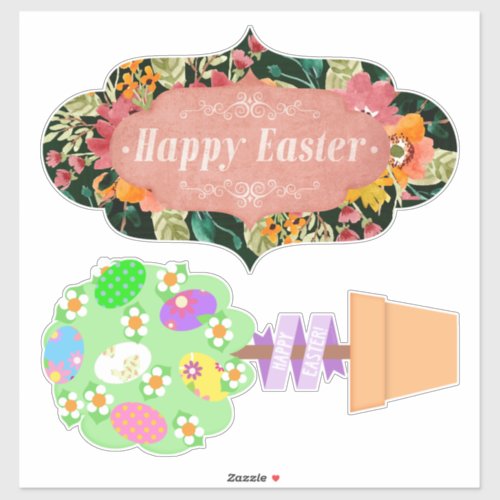 Happy Easter Banner and Topiary Cute Sticker