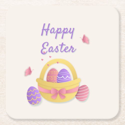 Happy Easter basket and butterflies Square Paper Coaster