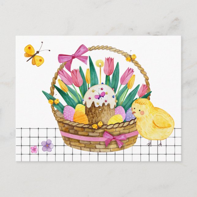 Happy Easter Basket Chicks & Eggs Postcard (Front)