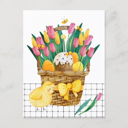 Happy Easter Basket with Flowers Chick  Eggs Holiday Postcard
