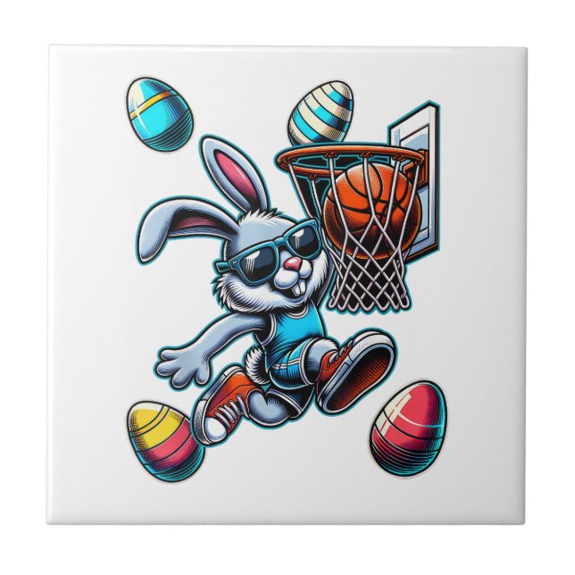 Happy Easter Basketball Boys Easter Bunny Funny Ea Ceramic Tile (Front)