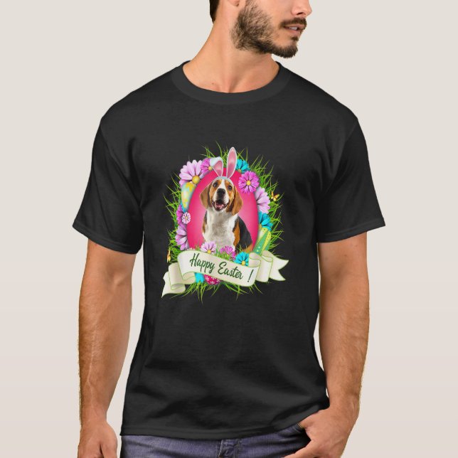 Happy Easter Beagle Wearing Bunny Ear Eggs Cool T-Shirt (Front)