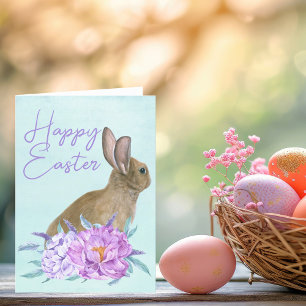 Happy Easter Beautiful Bunny Rabbit Pastel Floral Holiday Card