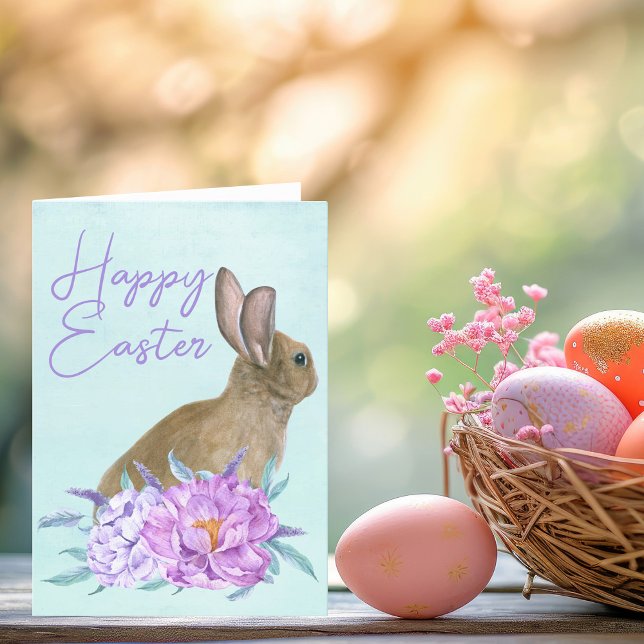 Happy Easter Beautiful Bunny Rabbit Pastel Floral Holiday Card (Creator Uploaded)