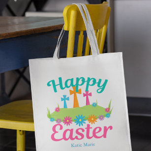 Happy Easter Beautiful Floral Crosses Custom Party Grocery Bag
