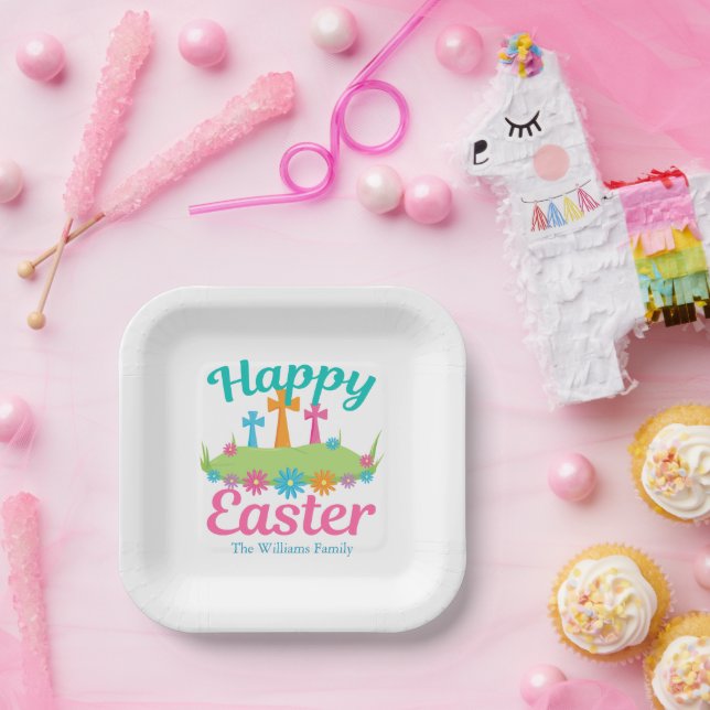 Happy Easter Beautiful Floral Crosses Custom Party Paper Plates (Party)