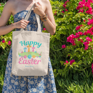 Happy Easter Beautiful Floral Crosses Custom Party Tote Bag