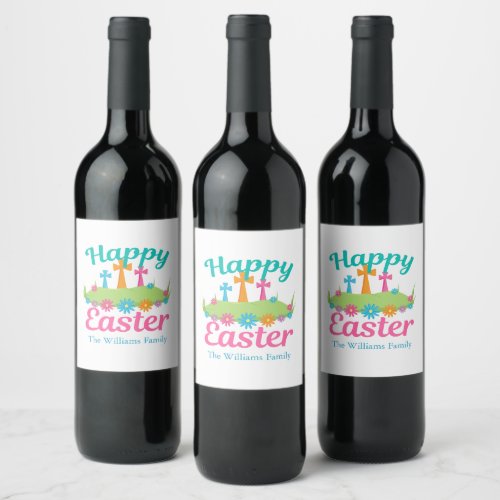 Happy Easter Beautiful Floral Crosses Custom Party Wine Label