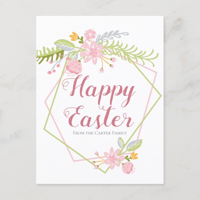 Happy Easter Beautiful Pink Green Floral Custom Postcard (Front)